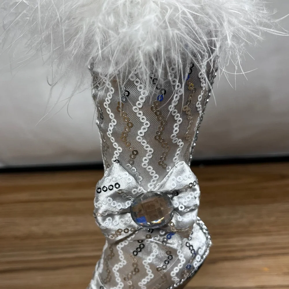Silver Sequin High Heel Boot Coin Bank Faux Feather Trim Rhinestone Bow Glam Y2K